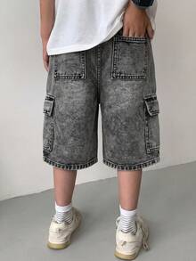 SHEIN Little Byeori 兒童青少年男孩休閒水洗工裝牛仔短褲 - 淺色水洗藍 - 查看 2