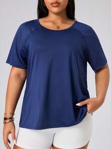 Easithlete Plus Size Women's Solid Color Round Neck Raglan Short Sleeve Sports T-Shirt - Navy Blue - View 6