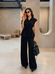 Rue Lumi 2pcs Casual Elegant Drawstring Shirt And Pants Set, Black, Suitable For Women, Summer Clothing, Commuter Wear - Black - View 1