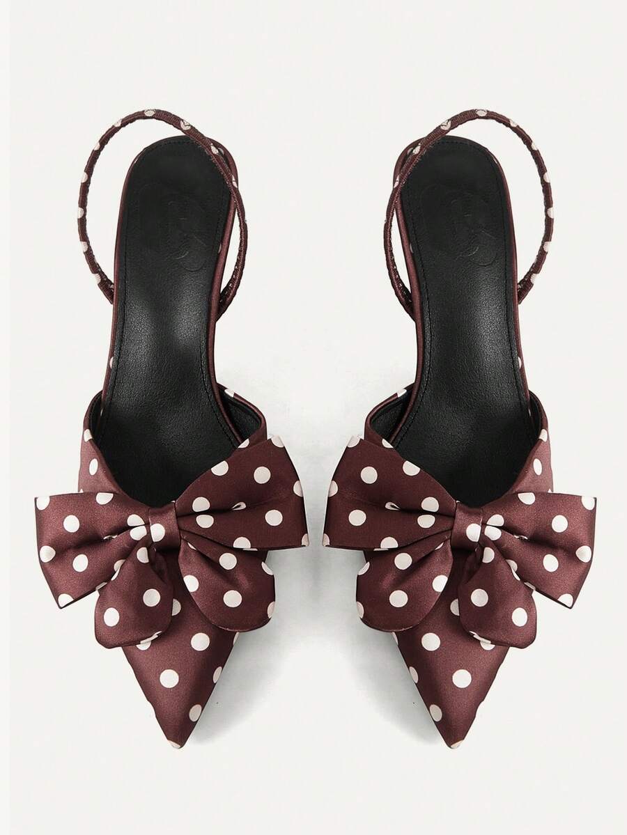 CUCCOO CHICEST Ladies Shoes Satin Polka Dot Bow Ladies Pointed Heels Back Empty Ankle Strap Dark Brown Elegant Fashion Banquet Commuter Party Fall Shoes - dark brown - View 1