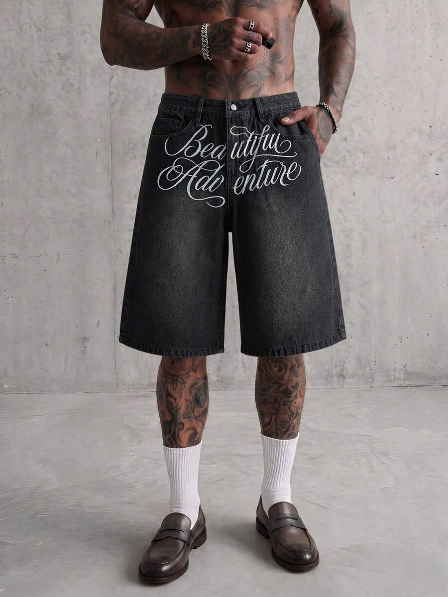 AXEPEAK Men's Summer Casual Letter Embroidered Denim Shorts - Black - View 1