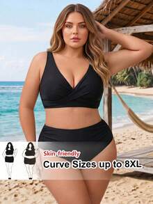 SHEIN CURVE+ 2026新款加大码两件套纯色V领上衣和高腰短裤女士夏季度假比基尼套装 - 黑色 - 查看 1