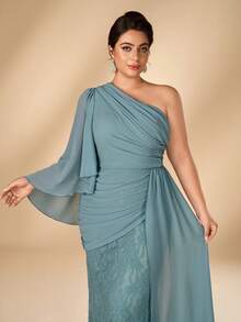 Serin Plus Size Elegant Glamorous Blue Lace Patchwork Chiffon One Shoulder Ruched Asymmetrical Ruffle Sleeve Fitted Mermaid Hem Formal Evening Gown For - Blue - View 3