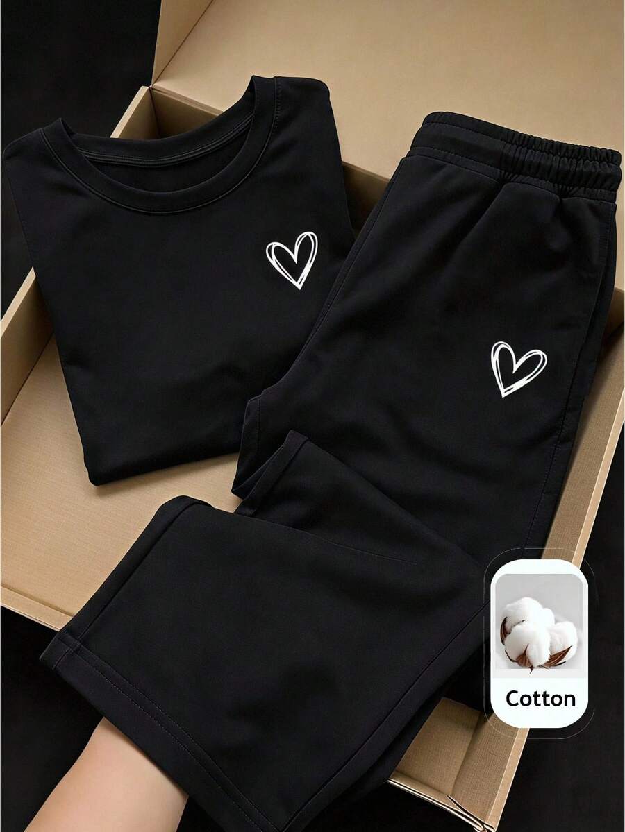 SHEIN Tween Girl Knitted Solid Color Heart Pattern Ruched Casual T-Shirt And Long Pants 2 Pieces Set - Dark Grey - View 1
