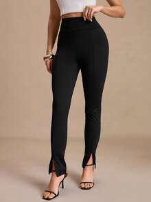 COSMINA Women's Solid Color High Waist Split Hem Casual Basic Modest Leggings Office Work Black Autumn - Black - View 5