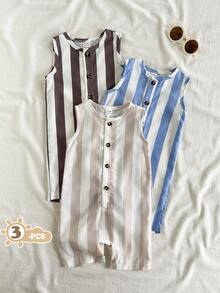 SHEIN Vintaside Kids 男嬰夏季極簡復古休閒梭織寬鬆多色圓領開襟衫條紋無袖豹紋鈕扣連身褲短褲3件套，日系休閒田園風，適合休閒、日常外出、嬰兒走路、玩耍等場合 - 彩色 - 查看 5