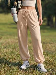 WanderVale Women's Solid Color Drawstring Waist Casual Outdoor Sweatpants - Apricot - View 1