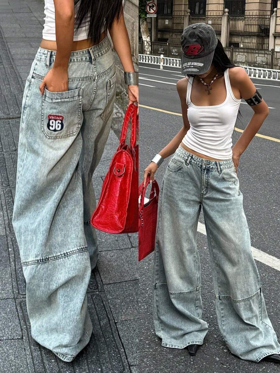 Coolane 女款春夏街頭風外出演唱會穿搭 Y2K 牛仔女郎休閒復古水洗寬腿牛仔褲 低腰棉質香蕉哈倫褲
