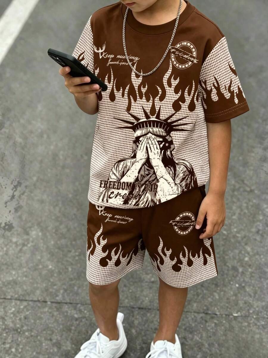 男童夏季兩件套-藍色條紋短袖T恤+刺繡純色短褲,休閒學院風 - 彩色 - 查看 1