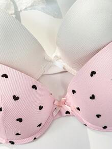 FairyFlirt 甜美女款內衣，愛心印花可愛鋼圈加厚墊胸罩內衣套裝 2件組 - 彩色 - 查看 4