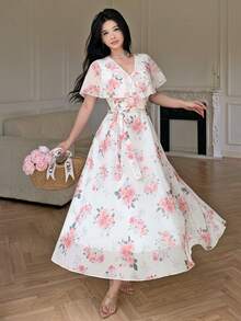 Celisse Spring/Summer New Women's Long Dress, Rose Floral Print V-Neck Shawl Collar Ruffle Sleeve Tie Cinched Waist Cinched Full Skirt Mid-Length Chiffon Dress, Summer Women's Dress - Multicolor - View 5