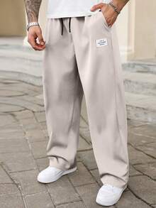Manfinity Homme Plus Size Men's Letter Print Denim Drawstring Waist Pocket Loose Casual Pants - Apricot - View 3