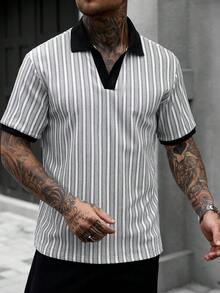 Manfinity CasualCool 男士休閒 INS 風格對比條紋紋理布料日常街頭穿搭男友丈夫禮物週年紀念禮物對比拼接 Polo 衫 - 彩色 - 查看 7