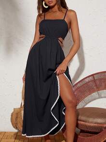 Travachic Vestido de mujer de unicolor con diseño de abertura lateral y tirantes finos - Negro - Ver 3