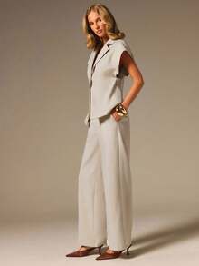 COSMINA Women's Casual Business Professional Modest Business Commute Faux Linen Vest Trousers Suit Set Teachers' Day Office Light Grey Summer Wear For Women - Apricot - View 5