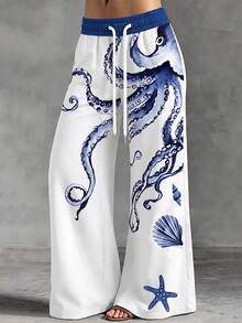 SHEIN 女款夏季極簡度假風長褲，海洋魚類、海龜、貝殼圖案，波希米亞度假風 - 彩色 - 查看 4