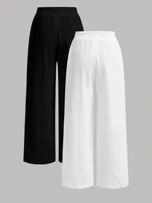 SHEIN Tween女孩 2件組 春/秋新款 黑白配色 梭織水洗克ريب修身休閒簡約舒適中腰直筒百搭長褲，返校季 - 黑與白 - 查看 2