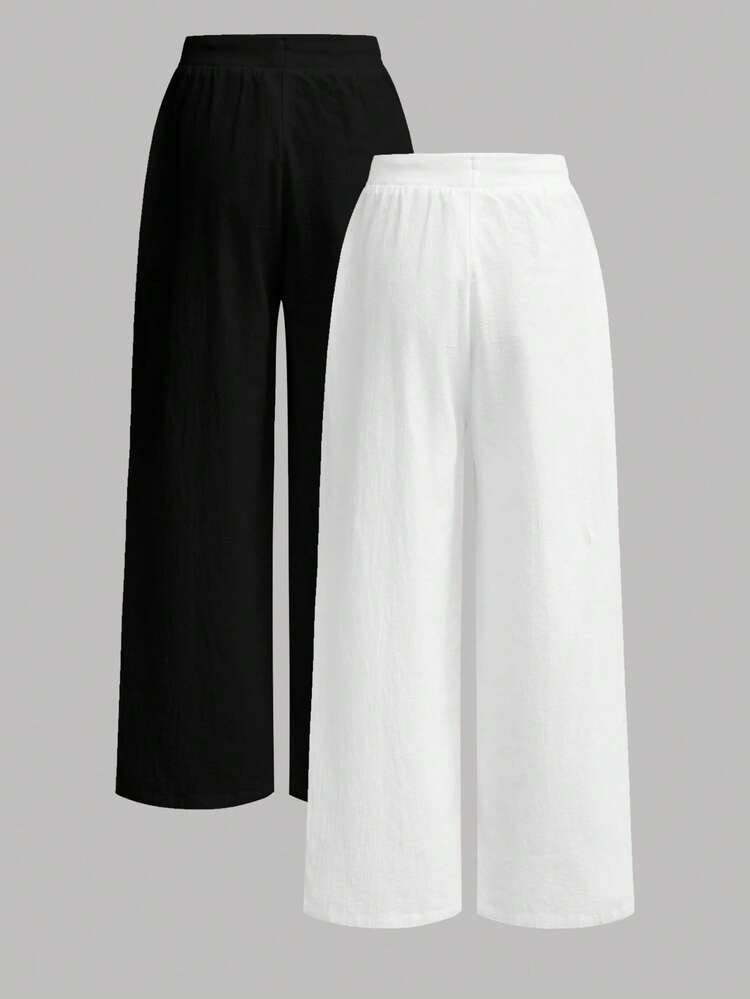 SHEIN Kids Tween Girls Pants 2pcs Summer Black And White Woven Straight-Leg Trousers Featuring A Comfortable Drawstring Waistband,ملابس للعودة المدرسية - Black and White - View 2