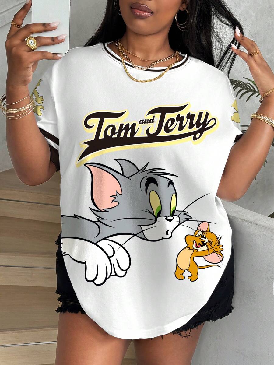 TOM & JERRY X SHEIN 大尺碼女款字母卡通印花圓領短袖休閒T恤 - 白色 - 查看 1