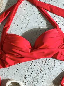 Swim Basics Women's Summer Beach Criss-Cross Halter Bikini Top, Push-Up With Underwire - Red - View 4