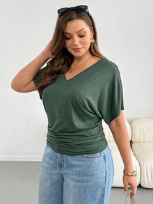 Shapeblank Große Größen Sommer Lässig Einfarbiges T-Shirt mit Fledermausärmeln - Dunkelgrün - Übersicht 5