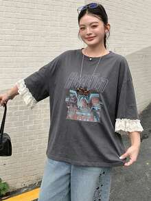 Dazy Plus Lightweight Sheer Lace Patchwork Colorblock Short Sleeve Letter Print Loose Casual T-Shirt, Versatile For Women & Plus Size Summer Graphic Tee - Dark Grey - View 7