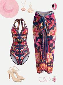 Swim Oasis 南美椰子樹粉綠花卉拼接印花高級女款連身海灘度假套裝 - 彩色 - 查看 3