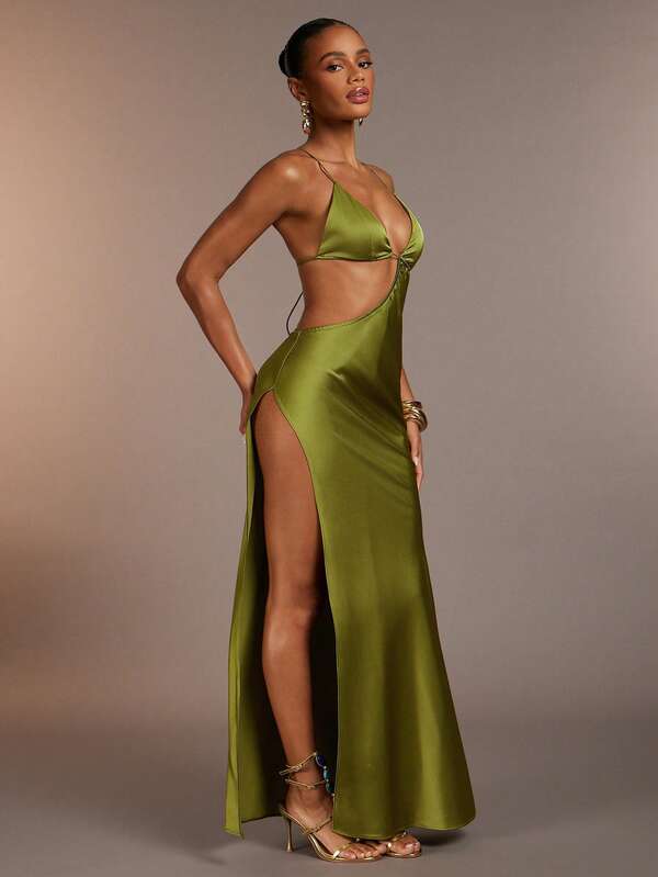 Hauture Women's Sexy Side Cut-Out Maxi Dress With String Bra Top, Wedding Guest, Party, Holidays, Resort, Travel Friendly, Showers