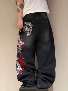 STEELVANCE 街頭風復古時尚百搭猴子刺繡設計寬鬆直筒休閒日常大尺碼牛仔褲（不含腰帶與配件） - 黑色 - 查看 2