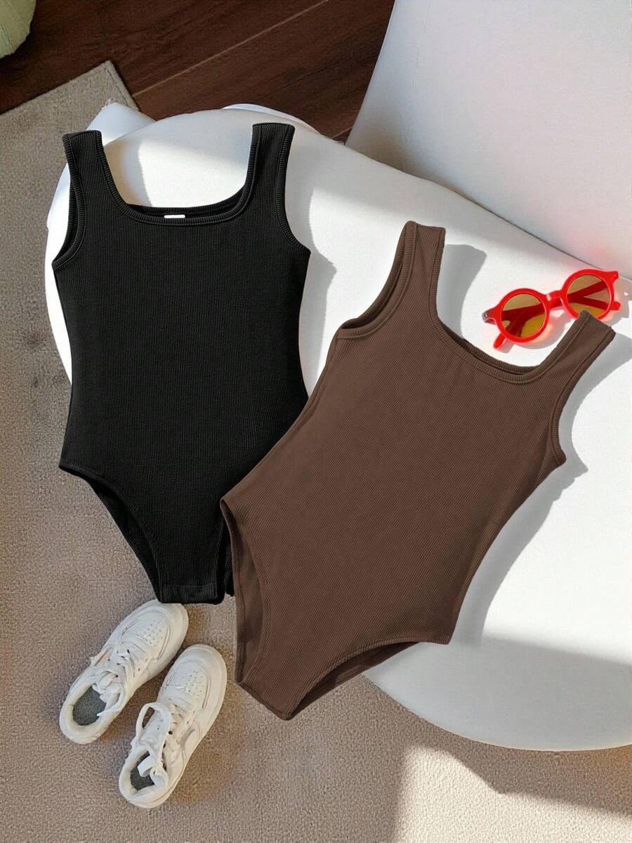 SHEIN 2pcs/Set Tween Girls' Casual Basic U-Neck Sleeveless Fitted Ribbed Jumpsuit, Black & Brown - Brown - View 1