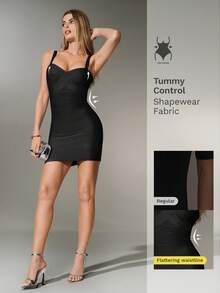 Nuvra Bandage Bodycon Dress, Deep V Neck, Slimming Silhouette, Waist Cinching, Elegant Spring/Summer - Black - View 7