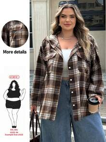 SHEIN CURVE+ 大尺碼女款格紋連帽寬鬆襯衫，防曬休閒度假風 - 彩色 - 查看 1