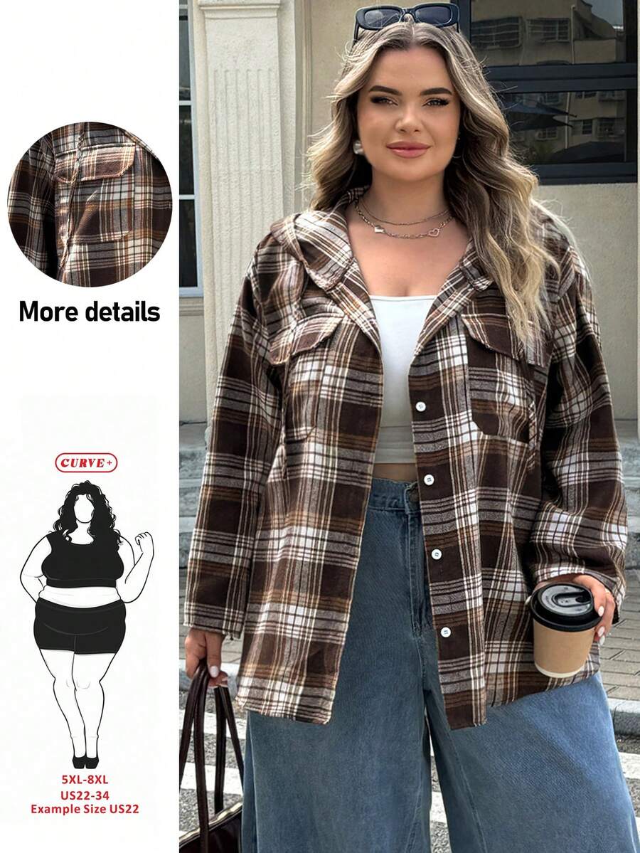 SHEIN CURVE+ 大尺碼女款格紋連帽寬鬆襯衫,防曬休閒度假風 - 彩色 - 查看 1