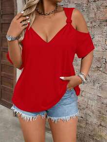Breezaya Plus Size Solid Color Vacation Sexy Off-Shoulder Front Knot Ruched T-Shirt - Red - View 1
