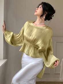 Joudiya Summer Yellow Chiffon Blouse, Slim Fit Elegant Commute Ruffle Waist Long Sleeve Women's Shirt - Light Yellow - View 6