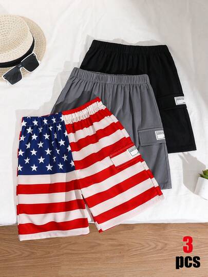SHEIN 3pcs Kids Tween Boy Buy 1 Get 2 Set, Casual College Style Comfortable American Flag Print Loose Woven Shorts, Sports Pants, Black Shorts, Khaki Shorts, Camo Shorts, Cargo Pants, Y2K Outfit, Suitable For Spring/Summer, Outings, Valentine's Day, Travel