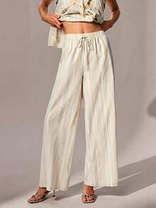 Willow Rêve Women's Striped Beige Romantic Bohemian Low Waist Wide Leg Pants, Boho Style, Romantic Vacation Style - Beige - View 4