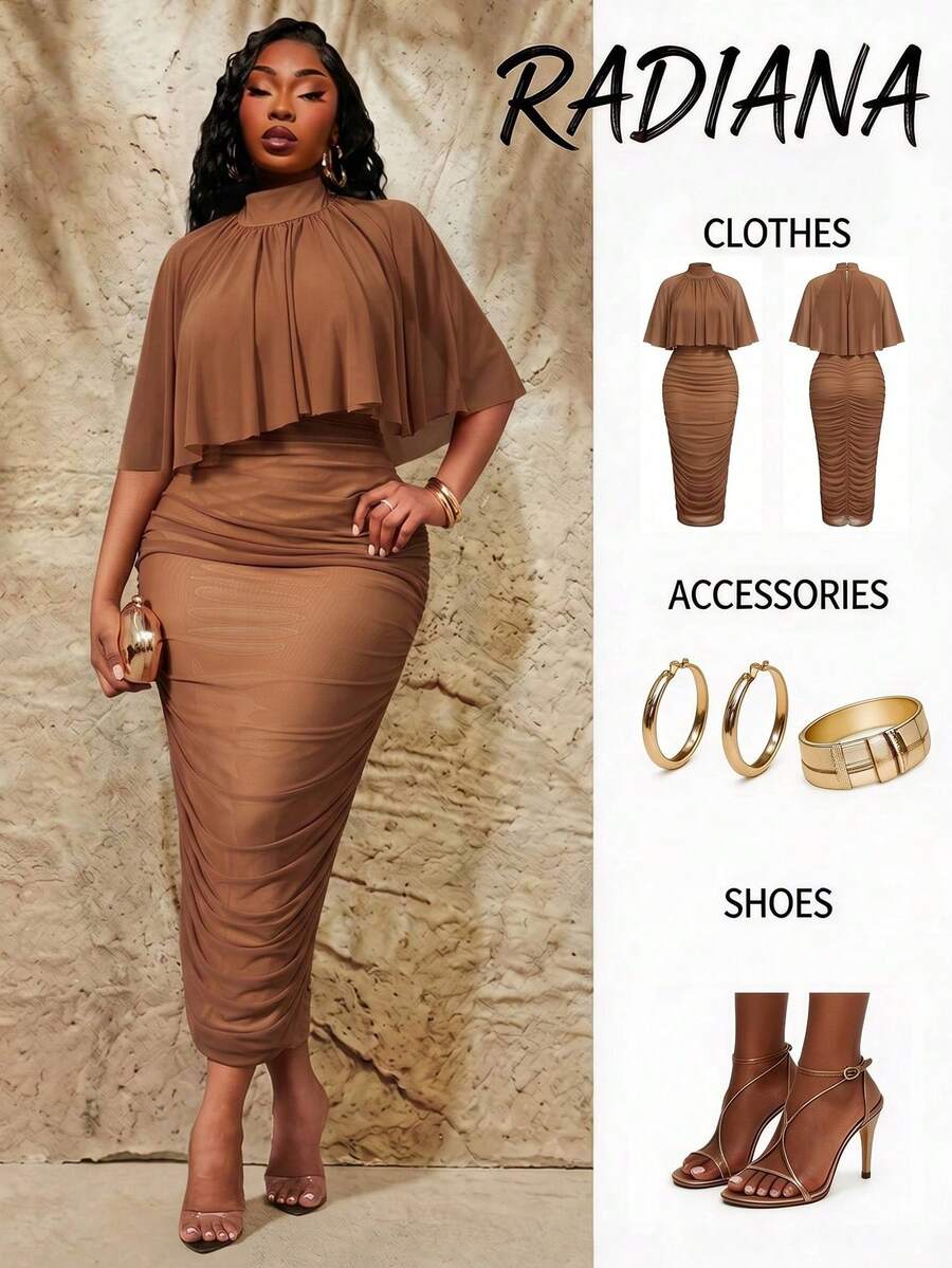 Radiana Plus Size Women's Chocolate Brown Autumn Mesh Ruched Bodycon Dress,Elegant Cocktail Formal Poncho 2 In 1 Curve Design,Dinner Party Banquet Prom Gown - Brown - View 1