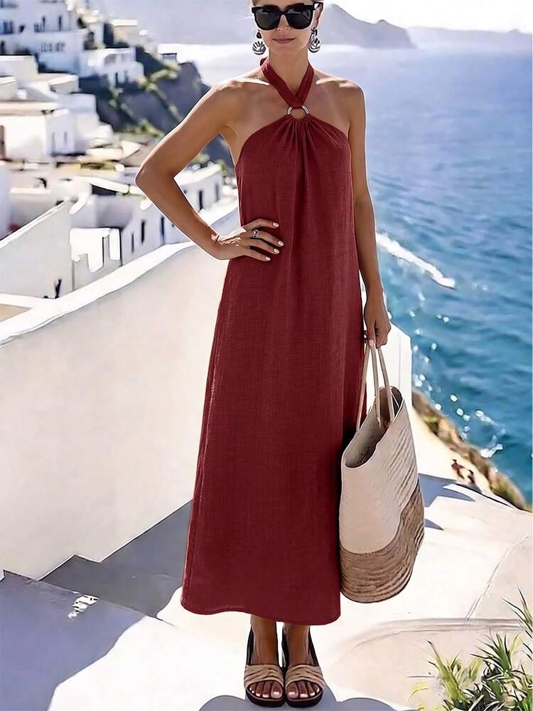 SHEIN Holidaya 女款優雅掛脖海灘度假洋裝，橘色修身A字裙，無袖大裙擺地中海度假風，寬鬆版型，環扣設計，溫柔優雅，適合旅行、度假、約會穿搭 - 酒紅色 - 查看 7