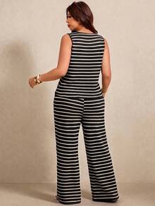 Elaquor Plus Size Women's Round Neck Striped Colorblock Top And Wide Leg Pants Casual Daily 2-Piece Set - Black and White - View 2