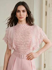 Anewsta Elegant Fashion Cut-Out Chiffon Fabric Contrast Lace Trim Ruffle Short Sleeve Blouse For Women - Pink - View 4