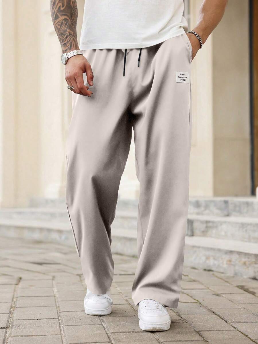 Manfinity Homme Plus Size Men's Letter Print Denim Drawstring Waist Pocket Loose Casual Pants - Apricot - View 1