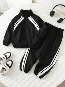 SHEIN Kids 2pcs Young Boys Casual Raglan Sleeve Long Sleeve Stand Collar Decorative Tape Half-Zip Jacket And Elastic Waist Long Pants Set - Black - View 2