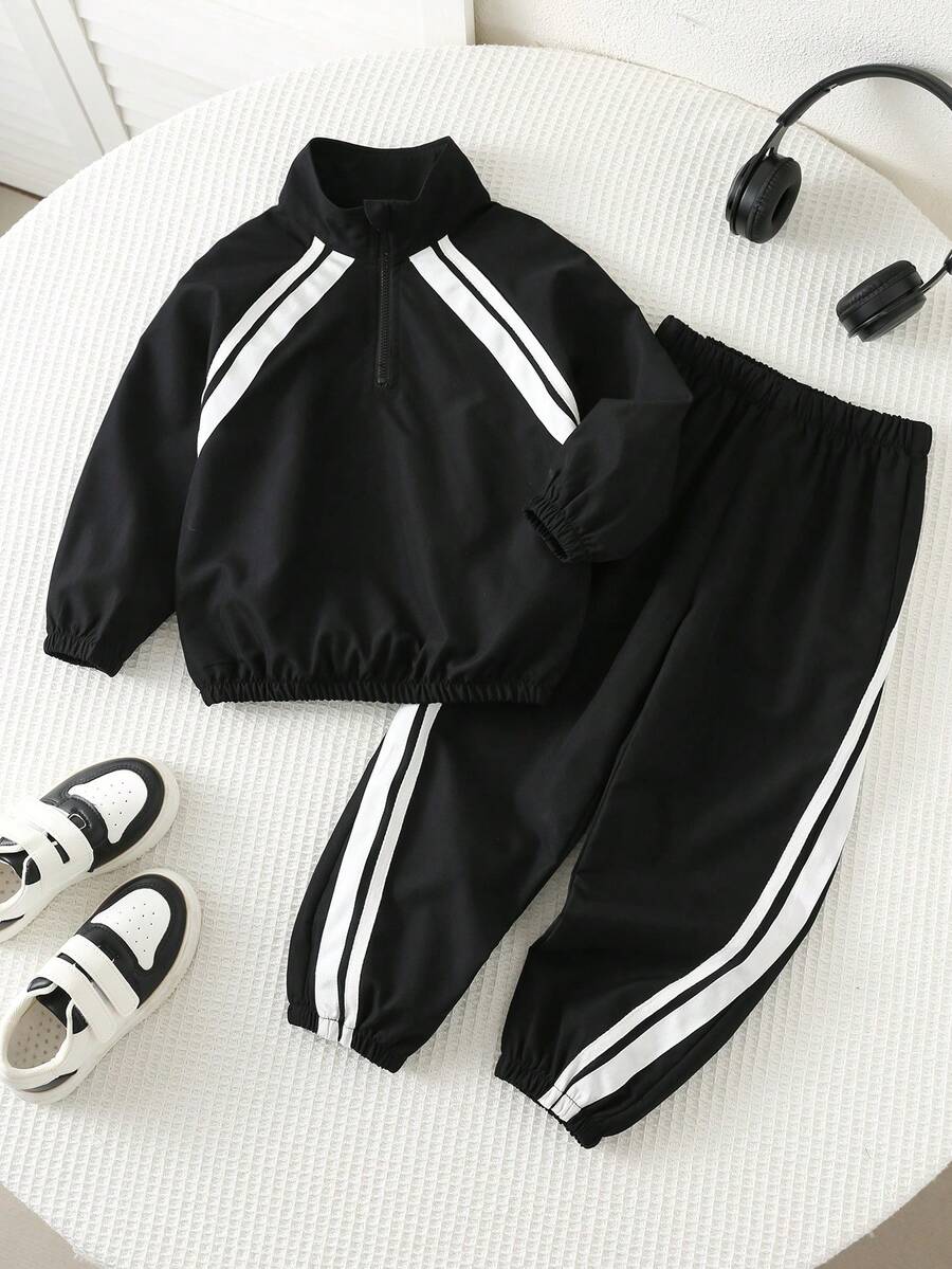 SHEIN Kids 2pcs Young Boys Casual Raglan Sleeve Long Sleeve Stand Collar Decorative Tape Half-Zip Jacket And Elastic Waist Long Pants Set