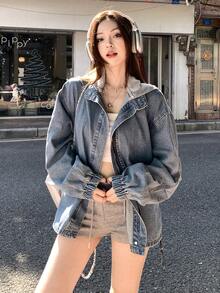 Dazy Tall Jaket Denim Kasual Wanita Lengan Panjang Longgar dengan Motif Patchwork Colorblock dan Bukaan Depan, Gaya Urban Musim Gugur - Medium Wash - View 4