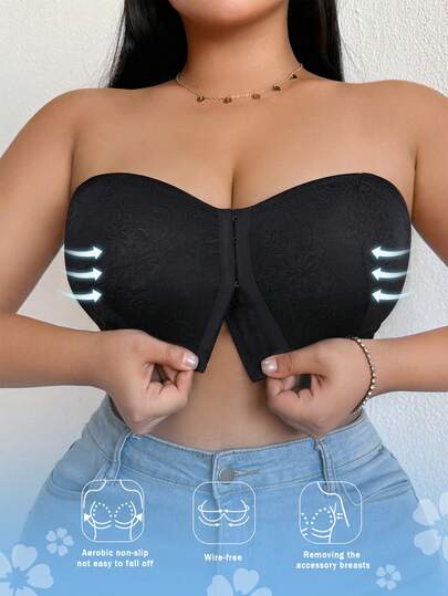 Crystal Vow 1pc Front Closure Strapless Bandeau Bra, Anti-Slip Anti-Slip-Off Anti-Exposure, Summer, With Free Regular Shoulder Strap