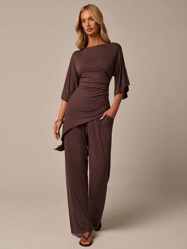COSMINA Women's Casual And Elegant Brown Lantern Pants Two-Piece Set, Made Of Comfortable Pure Cotton Fabric, Suitable For Everyday Casual Wear At Home.