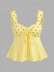 SHEIN EZwear 波希米亞復古奶油黃圓點；白色抽繩細肩帶背心；通勤、度假、海灘、夏季 - 彩色 - 查看 8