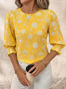 SHEIN Clasi Round Neck Shirred Romantic Boho Daisy Embroidered Top Vacation Pastel Yellow Summer - Yellow - View 1
