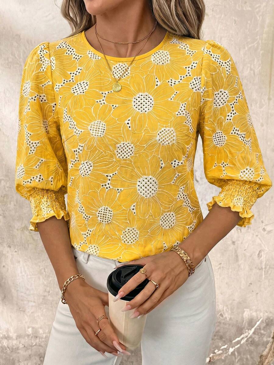 SHEIN Clasi Round Neck Shirred Romantic Boho Daisy Embroidered Top Vacation Pastel Yellow Summer - Yellow - View 1